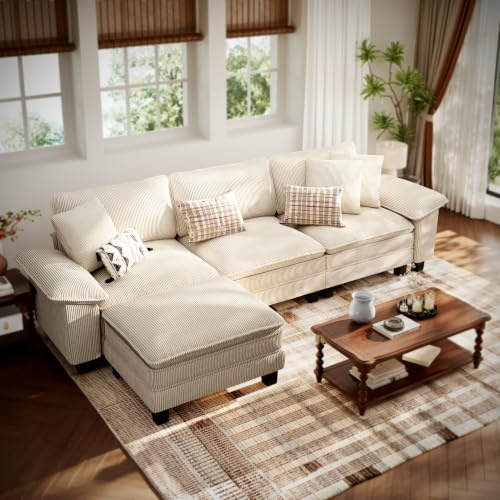 PHI VILLA Corner Sofa Set 315 CM Modular Sofas with L Shaped Couches Oversized 4 Seater Deep Seat Sofa with Cushions & Movable Footrests for Sitting Room Corduroy Fabric Beige