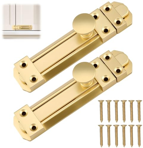Brass Door Bolt 2 Set Surface Mounted Sliding Door Lock for Internal Doors | Polished Finish Security Latch Smooth Quiet Sliding for Bathroom Bedroom Cupboard Wooden Gates and Cupboards Storage