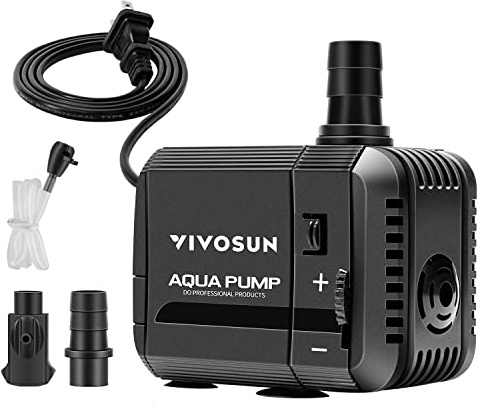 VIVOSUN 130GPH Submersible Pump(500L/H, 6W), Ultra Quiet Water Pump with 2.6ft High Lift, Fountain Water Pump with 5ft Power Cord, 2 Nozzles for Fish Tank, Pond, Aquarium, Statuary, Hydroponics