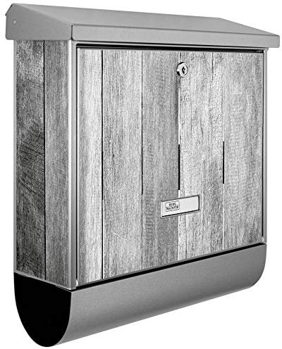 banjado® Burgwächter Briefkasten Edelstahl 38x39x12cm mit Motiv Holz Monochrom/Briefkasten Edelstahl ohne Zeitungsfach/Briefkasten grau/Postkasten inkl. Montagematerial & 2 Schlüsseln
