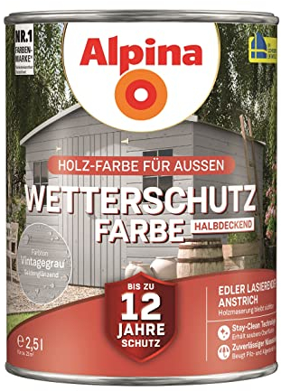 Alpina Holz-Wetterschutz-Farben – Vintagegrau, halbdeckend – bis zu 12 Jahre Schutz vor Witterung und Nässe – schmutzabweisend, halbdeckend & ergiebig – 2,5 L