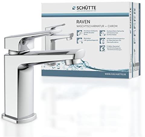 Schütte RAVEN waschtischarmatur bad, Wasserhahn Bad mit Ablaufgarnitur, Armatur Badezimmer, Einhebelmischer Badezimmer mit Pop Up Abflussstopfen, Mischbatterie Waschbecken, Chrom