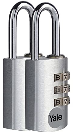 Yale Lucchetto in alluminio a combinazione YE3CB/20/121/2/S argento, corpo 20mm, arco in acciaio, combinazione a 3 cifre, confezione da 2