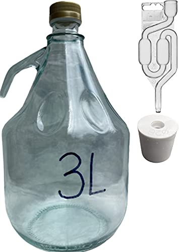 lilawelt24 3L Flasche mit Schraubverschluß + Stopfen + Gärröhrchen GLASBALLON Weinballon GÄRBALLON GLASFLASCHE Flasche Gallone Leere Glasflasche zum Befüllen