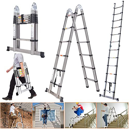 7Sevenjokers 12.5FT/3.8M Stainless Steel A-Frame Ladder, Heavy Duty, Multi-Purpose, Collapsible, DIY Home Attic Loft Tools Combination Ladder