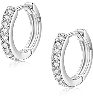 Silver Hoop Earrings for Women - 925 Sterling Silver with Cubic Zirconia - Yellow/White/Rose Gold Plated Gun Black Sleeper Cartilage Hoop Earrings (8/10/12mm)