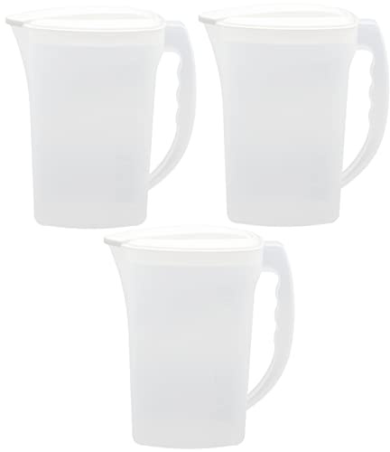 Engelland - 3 x Getränkekrug mit Deckel, Weiß-Transparent, für Saft, Wasser, Eistee, Softdrinks, Kanne, Behälter, Kühlschrankkrug, Multifunktionsbox, 2 Liter, Füllskala, BPA-frei, Kunststoff
