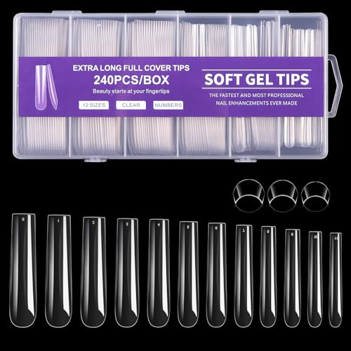 Cycullinyt Long Square Nail Tips, 240Pcs Full Cover Soft Gel Nail Tips Pre-Etched 3XL Square Clear Acrylic False Nail Fake Nail Extension Press On for Salon Home DIY 12 Sizes