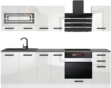 Belini Küchenzeile Küchenblock Margaret - Küchenmöbel 240 cm Einbauküche Vollausstattung ohne Elektrogeräten mit Hängeschränke und Unterschränke, mit Arbeitsplatten, Weiß Hochglanz