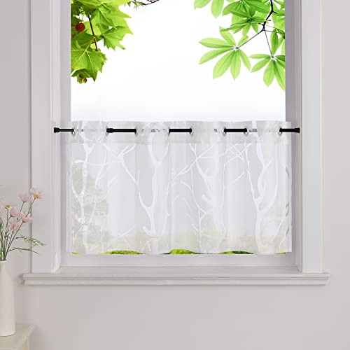 HeichkelL Scheibengardine Ausbrenner Gardinen Transparent Bistrogardine mit Ösen Küche Kurz Vorhang Äste Muster Weiß HxB 45x120cm