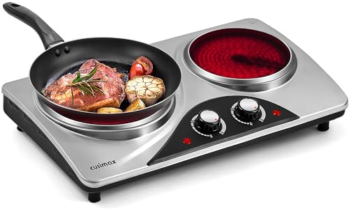 CUSIMAX Hot Plate, Double Infrared Hot Plates for cooking, 2100W Electric Hob Portable Cooktop with Dual Temperature Control & Overheat Protection, Stainless Steel Upgraded Version