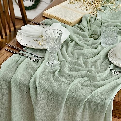 Artoid Mode Boho Gaze Käsetuch Eukalyptus Salbei Grün Tischläufer 80x300 cm, Küche Tisch Dekoration Drinnen Urlaub Hochzeit Party Geburtstag Dekor