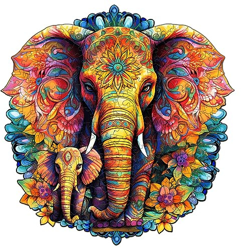 Blumuze Holzpuzzle Erwachsene 200 Stück, Mandala Elefant Holz Puzzle,Holzpuzzle Einzigartige Tierform Puzzleteile,Puzzle aus Tierteilen, Puzzle Holz Erwachsene mit Geschenkbox aus Holz,M-24.5*23.8cm