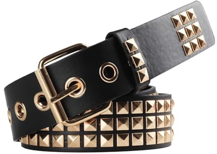 SNCEAW Cintura borchiata, in metallo punk rock, rivetti con piramide brillante borchiata, per donne e uomini, Oro, Fit Pant 31-36 inch