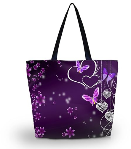 AOKSUNOVA Borsa Shopping Borsa Pieghevole in Tessuto con Cerniera Borsa Shopping Stampata da Donna Fiore Viola