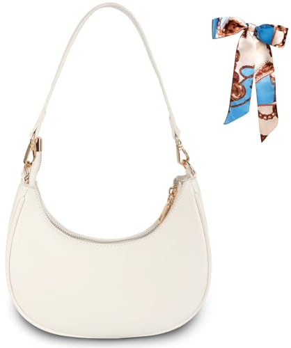 Umhängetasche Damen Hobo Bag Halbmond Schultertasche mit Reißverschluss PU Leder Retro Achsel Tasche Y2k Fashion Handtaschen Geschenk für Frauen Dating Reisen Party Einkaufe (HALFMOON-Weiß)
