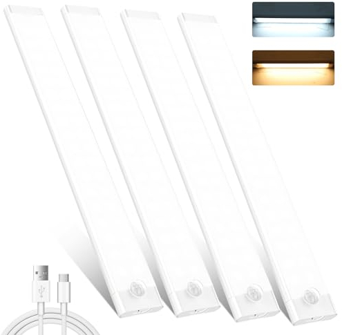 shirylzee Unterbauleuchte Küche LED, 4 Stück 72 LEDs Schrankbeleuchtung, 2000mAh Akku USB-C Wiederaufladbares bewegungsmelder licht mit Magnetische Lichtleiste for Kleiderschrank, Küche, Treppe