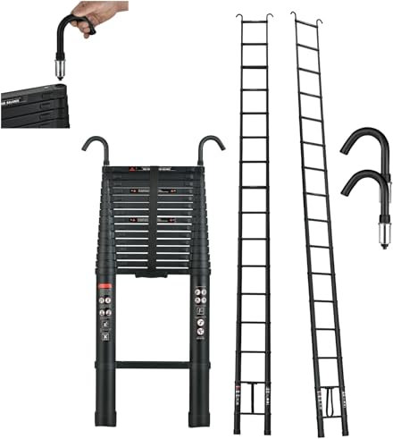 VickyHome 6.2M/20.3FT Telescopic Ladder Loft Ladder with 2 Hooks,Aluminium Extension Foldable Ladder Multi Purpose Ladder with Adjustable Height,Non-Slip Feet for Household,Max Load 150kg/330lb,Black