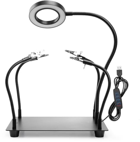 Terza Mano per Saldatura, OBDMONSTER Stazione Saldatura Terza Mano con 4 Bracci Flessibili Collo Oca Pinze Coccodrillo, con Lente d'Ingrandimento 5X LED Dimmerabile, Adatta per Saldatura e Artigianat