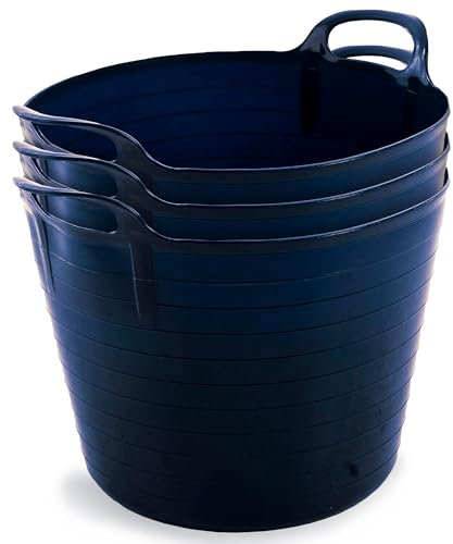 Neat Plastics 42L Flexi Tubs 3 Packs - Versatile Large Garden Tubs with Handles, Handy Builders Buckets Heavy Duty, Ideal Bath Bucket & Flexi Bucket, Durable Flexible Buckets for Home & Garden (Navy)