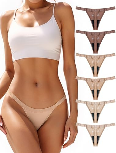 TIICHOO Periodenunterschwäsche Thong Sexy Spitze Menstruationsunterwäsche Thong Perioden String Tanga 6er Pack(L, 2Braun/2Nude/2Beige)