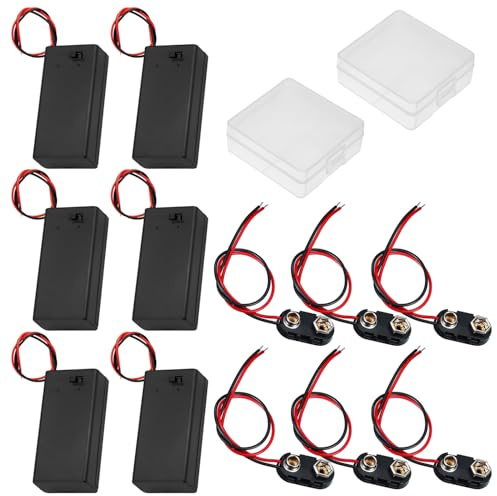 GTIWUNG 6PCS 9 Volt Battery Holder with Switch, 9V Battery Case with Switch, 6PCS 9V Battery Clips Connecter with Bare Leads and Hard Shell (Type I)+2 Pcs Battery Storage Case Holder Box