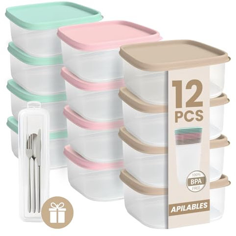 ELENANO| 12 Boite Plastique Alimentaire + Boîte de Rangement Portable Cadeau | Boite Conservation Alimentaire | Pot Conservation | 350 ml | Made in Europ (12 ud 350 ml)