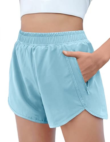 Arshiner flickor shorts sommarshorts enfärgade träningsbyxor aktiva shorts barn hög midja löpning cykelshorts sportbyxor med blixtlåsfickor 5-14 år, Ljusblått, 11-12 År