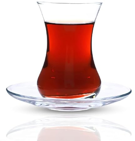 yersiz Turkish Tea Glass Set of 6 with Saucers, Small Clear Glass Tea Cups for Hot Drinks, Slim Waist Design & Thick Base, Arabic Moroccan Tea Cup Set, Glass Drinkware