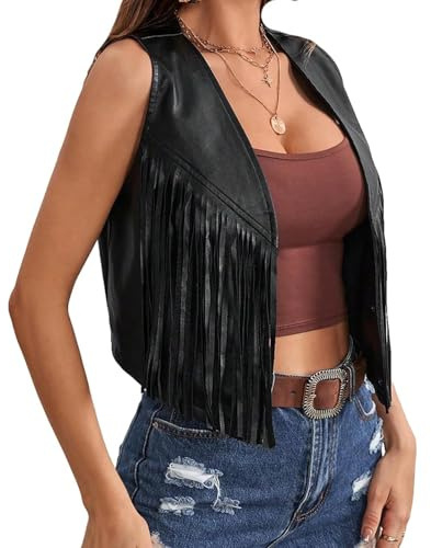 FeMereina Women's PU Fringe Sleeveless Vest Tassel Faux Leather Open Front 70S Hippie Jacket Cardigan (Black, M)