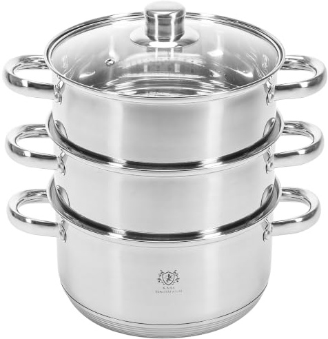 KARL HAUSMANN Olla vaporera de acero inoxidable 22 cm 4.3 L inducción | Olla para cocinar al vapor con tapa de vidrio, 2 cestas y 3 niveles - inducción, gas, eléctrica y vitrocerámica