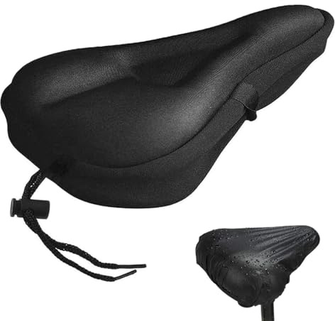 Bike Seat Cushion with Rain Cover- Gel Padded Bike Seat Cover for Men Women Comfort, Extra Soft Spin Exercise Bicycle Saddle Cushion Shock-Absorbing Cushion Fit for Indoor & Outdoor Cycling(Black)