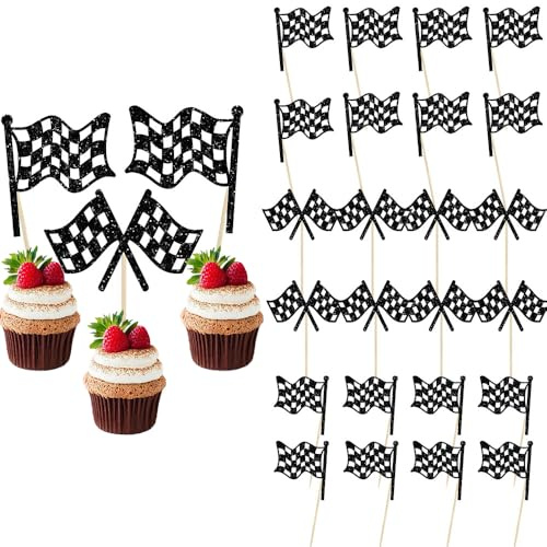 Cake Topper, Cars Birthday Decorations, Car Cake Decorations, HSC 24 Pcs Black Glitter Cake Toppers for Cupcakes, Burgers, Fruit, F1 Themed Party, Baby Shower, Birthday Food Decorations