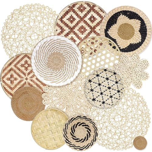 Kaxtde Lot de 15 paniers muraux bohèmes en vrac, décoration murale en rotin, ronds tissés à la main, paniers muraux pour maison, salon, chambre à coucher, ferme, bureau – 6 tailles