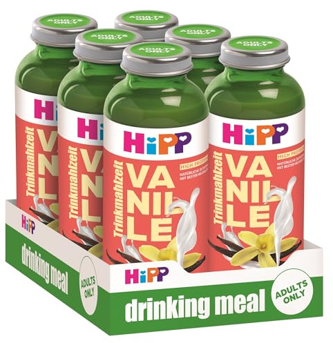 HiPP Trinkmahlzeit Vanille, 6 x 330 ml, vollwertige Zwischenmahlzeit, mit bester Heumilch, echtem Bourbon-Vanille Extrakt, 23 Vitaminen & Mineralstoffen, High Protein, glutenfrei