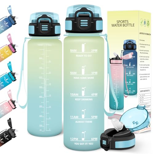 Baramumu Trinkflasche 1l, mit strohhalm, Trinkflasche Kohlensäure Geeignet, Mit Zeitstempel, Wasserflasche, Auslaufsicher, Flasche, Wasserflasche 1l, für Fahrrad, Outdoor, Fitness, Off-Weiß-Hellblau
