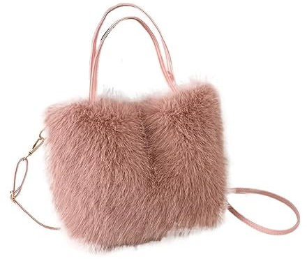 DJSKLDF Fluffig tygväska fuskpäls tygväska kvinnors hink plysch lyxig design damhandväskor mjuk vinter crossbody axelväskor Bolsa Feminina, Rosa, En Storlek
