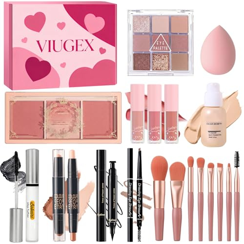 Sminklåda för kvinnor, professionellt smink-kit, tonåring flicka makeup presentset med ögonpalett kontur rouge läppglans eyeliner mascara penna ögonbryn penslar