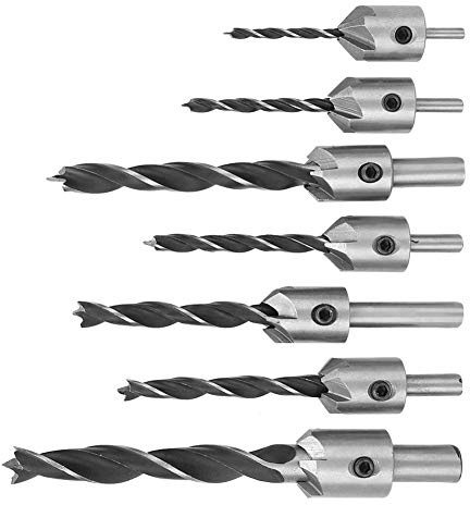 Generic Juego de Brocas Avellanadas de 7 Uds., Brocas Biseladas de Chaflán de Acero Duradero de 5 Flautas para Tornillos de Madera de 3mm-10mm con Llave Hexagonal