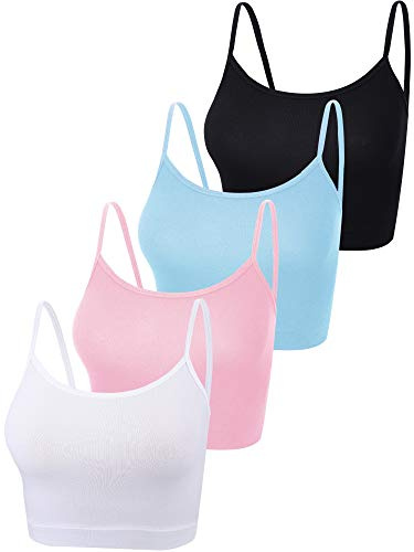 4 Pack Cropped Tank Tops for Women, Spaghetti Strap Crop Top Basic Sports Crop Cami Half Camisoles for Teen Girls (Black, Blue, Pink, White,S)
