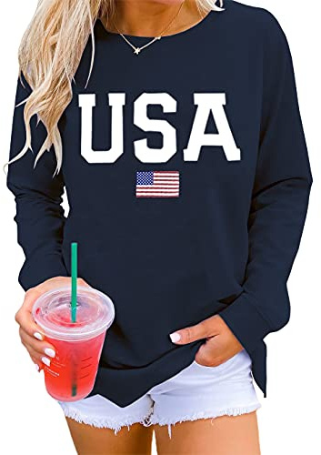 Dressmine Women USA Flag 4th of July Long Sleeve Pullover Sweatshirt XL