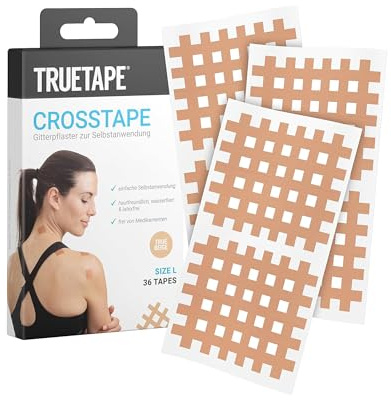 TRUETAPE® Crosstapes, 36 Gitterpflaster, Größe L | 36 große Gitterpflaster inkl. Anleitung, wasserfest, extra starker Halt & originales Akupunkturpflaster