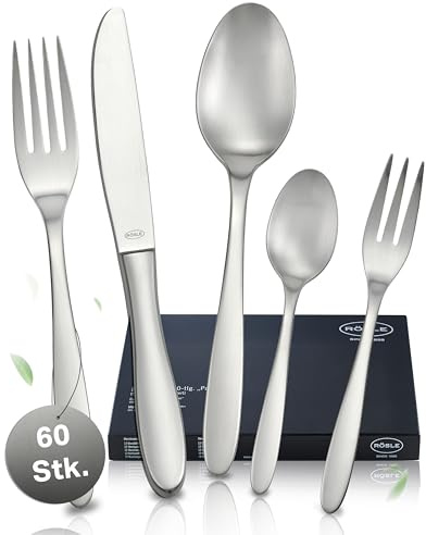RÖSLE CULTURE Besteck Set für 12 Personen – 60-teiliges Matt Poliertes Essbesteck aus Edelstahl 18/10 – Premium Geschirrset, Spülmaschinengeeignet, in Eleganter Geschenkbox | Matt poliert, mit Menümessern, Gabeln, Löffeln, Kaffeelöffeln und Kuchengabeln, spülmaschinengeeignet, in Geschenkbox