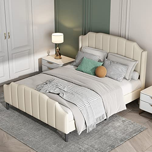 KecDuey Polsterbett 140 x 200 cm,Doppelbett Bettrahmen mit Kopfteil, Fußteil und Lattenrost Beige Samt gepolstertes Jugendbett Gästebett (Beige)