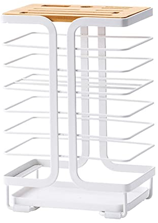 White Knife Block Without Knives - Universal Kitchen Storage and Organisation Empty Knife Blocks - Bamboo with White Metal Rack Organiser.