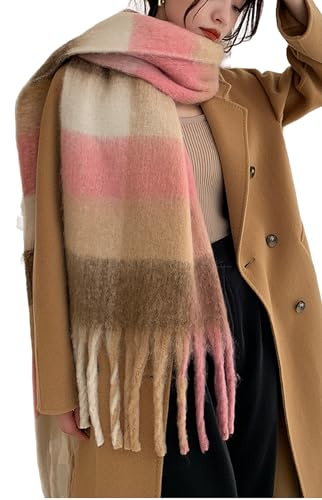 Wander Agio Winter Women Warm Scarf Long Shawl Large Scarves Cold Weather Thick Blanket Scarfs Colorful Plaid Brown Pink 21