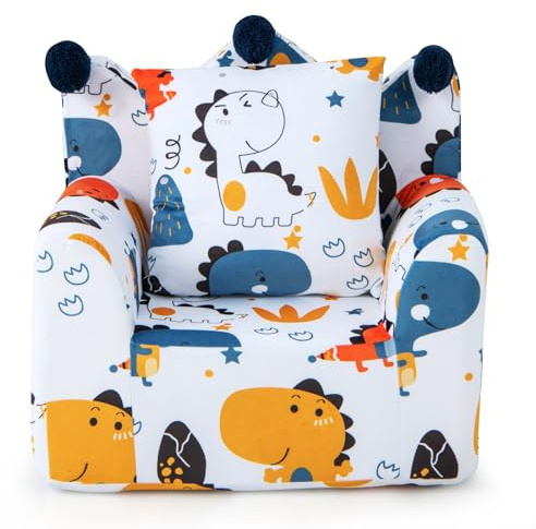 Costzon Kids Couch, Foam Filled Children's Sofa Armchair with Padded Pillow, Washable Velvet Cover & Soft Sponge Filling, Upholstered Sofa Chair Gift for Preschool, Playroom, Toddler Couch (Dinosaur)