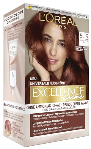 L'Oréal Paris Permanente Haarfarbe für jeden Hautton, Coloration ohne Ammoniak, Universale Nude-Töne mit vollständiger Grauhaarabdeckung, Excellence Creme, Nr. 5UR Universal Rot, 1 Stück