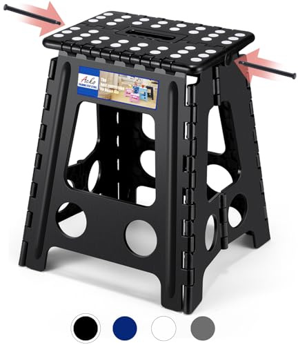 ACKO Folding Step Stool Foldable 16 Inch 400 lbs Capacity, Plastic Stools for Adults and Kids, Collapsible Stools for Kitchen, Stepping Stool with Handle, Black,1 PC