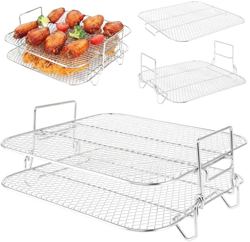 Air Fryer Rack, 304 Stainless Steel Air Fryer Double Layer Rack Air Fryer Basket Grill Rack Dehydrator Rack for 7.5L-8L Square Air Fryer Accessories, 20×20×9CM